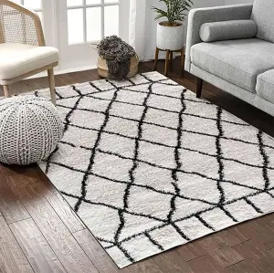 Modern Cream Geometric Marrakesh Shaggy Area Rug, Deep Pile Fluffy Living Room Patterned Shag Runner - 60x110 CM