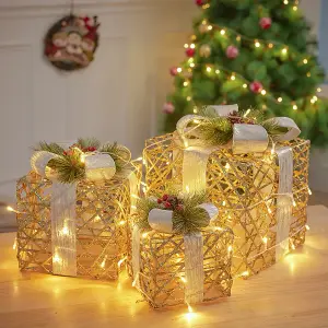 Set of 3 Rattan Weaving LED Light Up Christmas Gift Box Glitter Party Xmas Tree Decor Parcel Presents Set with Bow