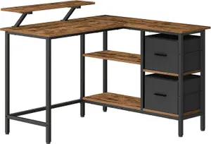 VASAGLE L-Shaped Desk with 2 Spacious Drawers, Gaming Desk with Monitor Stand, Corner Desk, Computer Desk, Rustic Brown