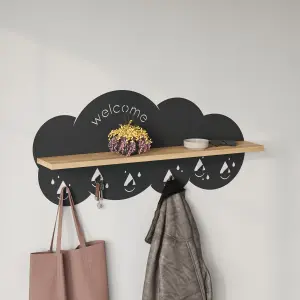 Decortie Cloudy Wall-Mounted Metal Hanger Oak Shelf with 6 Metal Hooks Welcome Cloud Shape Functional Storage Hanger Entryway