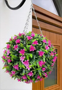 Best Artificial 28cm Pink Lily Hanging Basket Flower Topiary Ball - Suitable for Outdoor Use - Weather & Fade Resistant