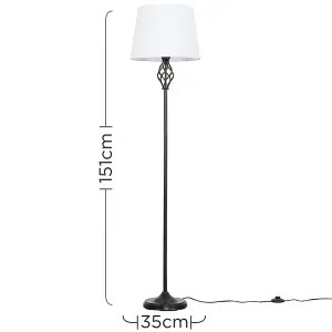 ValueLights Memphis Traditional Style Black Barley Twist Floor Lamp with White Tapered Light Shade