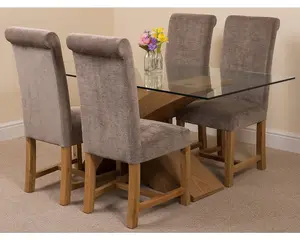 Valencia 160 cm x 90 cm Glass Dining Table and 4 Chairs Dining Set with Washington Grey Fabric Chairs