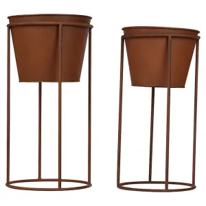 URBN-GARDEN 40cm Height Round 2pcs Outdoor Rustic Metal Plant Stand Flower Pot Holder Garden Decor