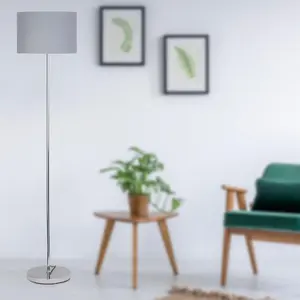 First Choice Lighting Chrome Stick Floor Lamp with Grey Cotton Shade