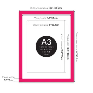 A3 Bright Pink Picture Frame With Mount for A4 (21 x 29.7cm -8.3 x 11.7in) Poster, Photo, Artwork, or Print.