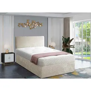 Loria Divan Bed Set with Headboard and Mattress - Chenille Fabric, Cream Color, 2 Drawers Right Side