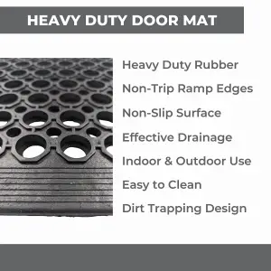 Rubber Door Mat - 0.75m x 0.45m - Non-Trip Ramp Edge - Heavy Duty - Non Slip - Wheelchair & Pushchair Friendly