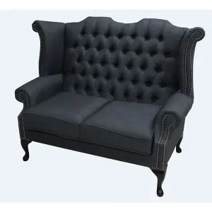 Chesterfield 2 Seater High Back Wing Sofa Charles Charcoal Grey Linen Fabric In Queen Anne Style