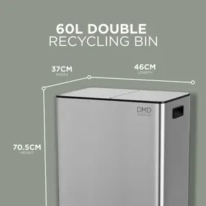 DMD Stainless Steel 60L Waste & Recycling Kitchen Bin, 2 x 30L Buckets & 3L Compost Bin, Soft Closure, Fingerprint Proof