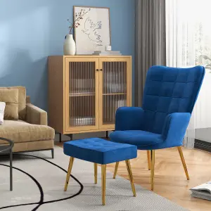 HOMCOM Upholstered Armchair with Footstool Set, Modern Button Tufted Accent Chair with Gold Tone Steel Legs, Wingback Chair, Blue