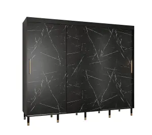 Bergen Contemporary 3 Sliding Door Wardrobe Gold Handles Marble Effect 9 Shelves 2 Rails Black (H)2080mm (W)2500mm (D)620mm