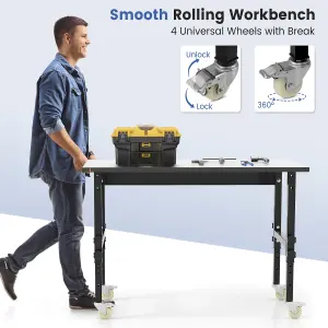 Costway 120cm Adjustable Workbench Heavy-duty Workstation W/ Bamboo Top & Lockable Casters