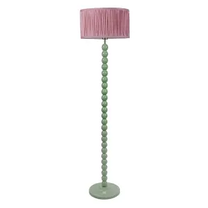 ValueLights Bobbins Sage Green Floor Lamp with Ruched Pleated Blush Pink Drum Shade and LED Bulb