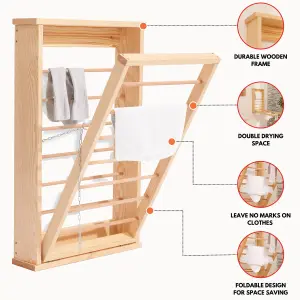 Natural Wall Mounted Wooden Clothes Drying Rack with Double side Rails - Foldable and Space-Saving Clothes Airer