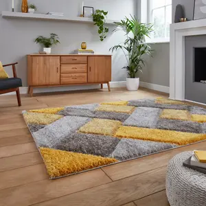 Grey Yellow Shaggy Geometric Modern Easy to Clean Rug for Living Room Bedroom and Dining Room-80cm X 150cm