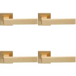 4 PACK - Contemporary Flat Door Handle Set - Satin Brass Sleek Lever on Square Rose