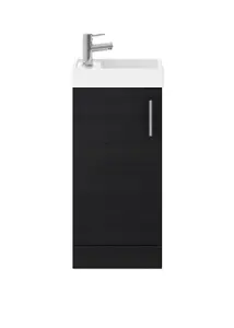 Cloakroom Floor Standing 1 Door Vanity Unit with Basin, 400mm - Woodgrain Charcoal Black