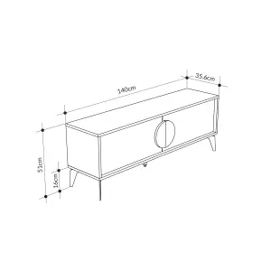 Decortie Gora Modern TV Unit Oak, White 140(W)cm with 2 Door Flap Stay Storage TV Cabinet Entertainment Metal Legs