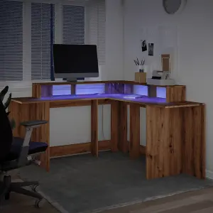 Berkfield Desk with LED Lights Artisian Oak 152x152x91 cm Engineered Wood