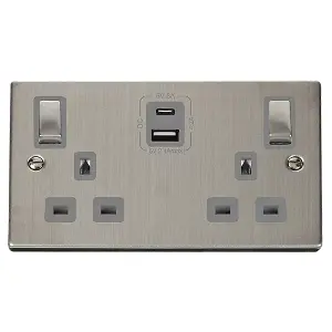 Stainless Steel 2 Gang 13A DP Ingot Type A & C USB Twin Double Switched Plug Socket - Grey Trim - SE Home