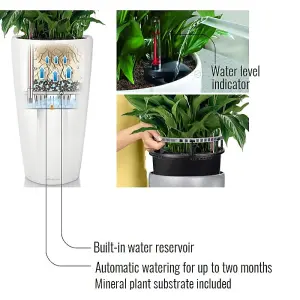 LECHUZA RONDO 75cm Tall Planter,  Silver Self-watering Large Plant Pot with Substrate and Water Level Indicator D40 H75 cm, 22L