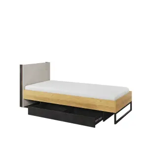 Teen Flex 16 Single Bed in Oak Hickory, Silk Flou & Raw Steel - EU Single 900mm x 2000mm - Modern Storage Bed with LED Lighting