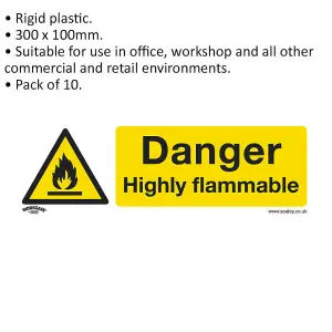 10-Pack DANGER HIGHLY FLAMMABLE Safety Signs - Durable Rigid Plastic 300x100mm