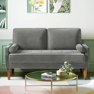 Velvet Rolled Arm Upholstered Small 2-Seater Loveseat Grey