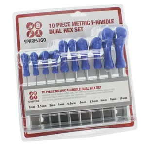 SPARES2GO 10 Piece T Handle Metric Hex Allen Key CR-V Screwdriver Set + Stand