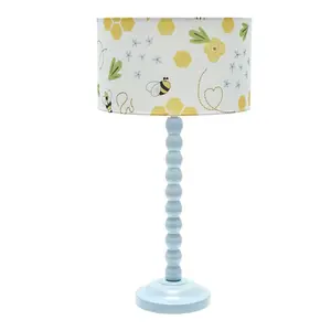 Powder Blue Bobbin Stem Table Lamp with Bumble Bee Drum Shade for Living Room Bedroom - LED Bulb Included