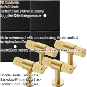 4 PACK - Cabinet Door Knob & Contrasting Backplate Set - Reeded T Bar Pull - Satin Brass & Matt Black