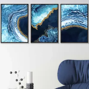 Set of 3 Abstract Navy, Blue and Gold Oceans Wall Art Prints / 42x59cm (A2) / Black Frame