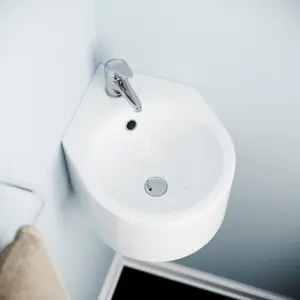 Nes Home 300 X 435mm Bathroom Wall Hung Cloakroom Ceramic Compact Corner Basin Sink And Fittings