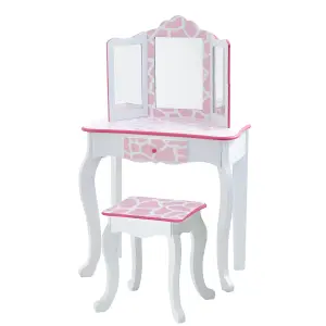 Teamson Kids Dressing Table, Play Vanity Set with Mirror & Stool - Pink/White/Giraffe Print