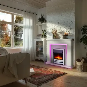 Bempton Electric Fireplace Suite - White top, Grey hearth, Chrome fire