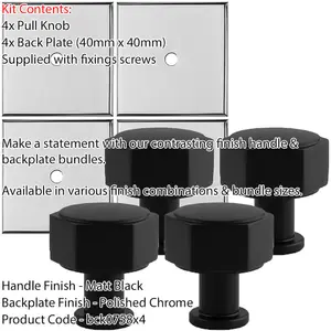 4 PACK - Cabinet Door Knob & Contrasting Backplate Set - Hex Kitchen Pull - Matt Black & Chrome