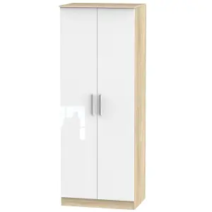 Trent 2 Door Wardrobe in White Gloss & Bardolino Oak (Ready Assembled)