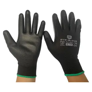 Way4Now - Black Safety Gloves PU Palm Coated - Polyester Liner x 10 Pairs Pack - MEDIUM