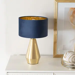 ValueLights Jax Gold Dimmable Touch Table Lamp with Navy Blue Velvet with Gold Inner Lamp Shade