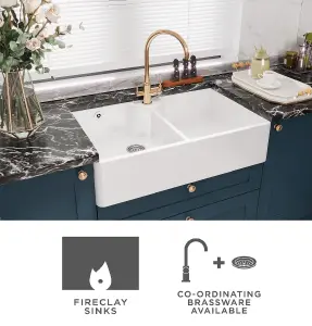 895mm - Fireclay 2 Bowl Stepped Weir Butler Kitchen Sink -  Tap Ledge & Overflow