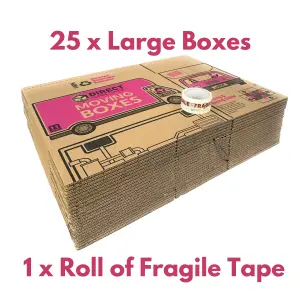 25 Strong Large Cardboard Storage Packing Moving House Boxes with Fragile Tape 52cm x 30cm x 30cm 47 Litres Carry Handles and Room