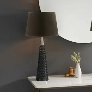 Table Lamp - Charcoal Ribbed Glass, Bright Nickel Plate & Mocha Velvet - 40W E27