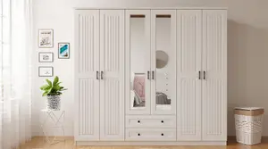 JULIET 6 Door 2 Drawer Mirrored White Wardrobe