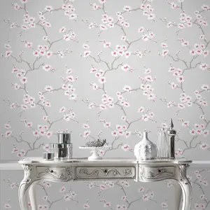 Fresco Apple Blossom Floral Grey Wallpaper