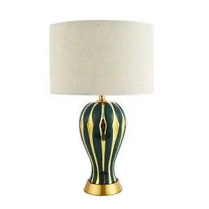 Traditional Glossy Navy Forest Green and Polished Gold Ceramic Table Lamp Base