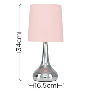 ValueLights Pair Of Modern Silver Chrome Teardrop Touch Bed Side Table Lamps With Pink Fabric Shades