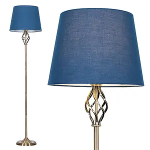 ValueLights Memphis Traditional Style Antique Brass Barley Twist Floor Lamp with Navy Blue Light Shade