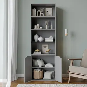 URBNLIVING Height 180Cm 6 Tier Bookcase With 2 Door Cupboard Cabinet Storage Shelving Display Colour Grey Wood Shelf