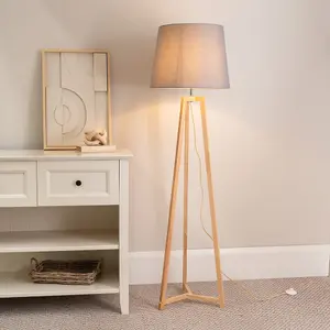 ValueLights Lottie Natural Wood Tripod Floor Lamp with Grey Tapered Shade